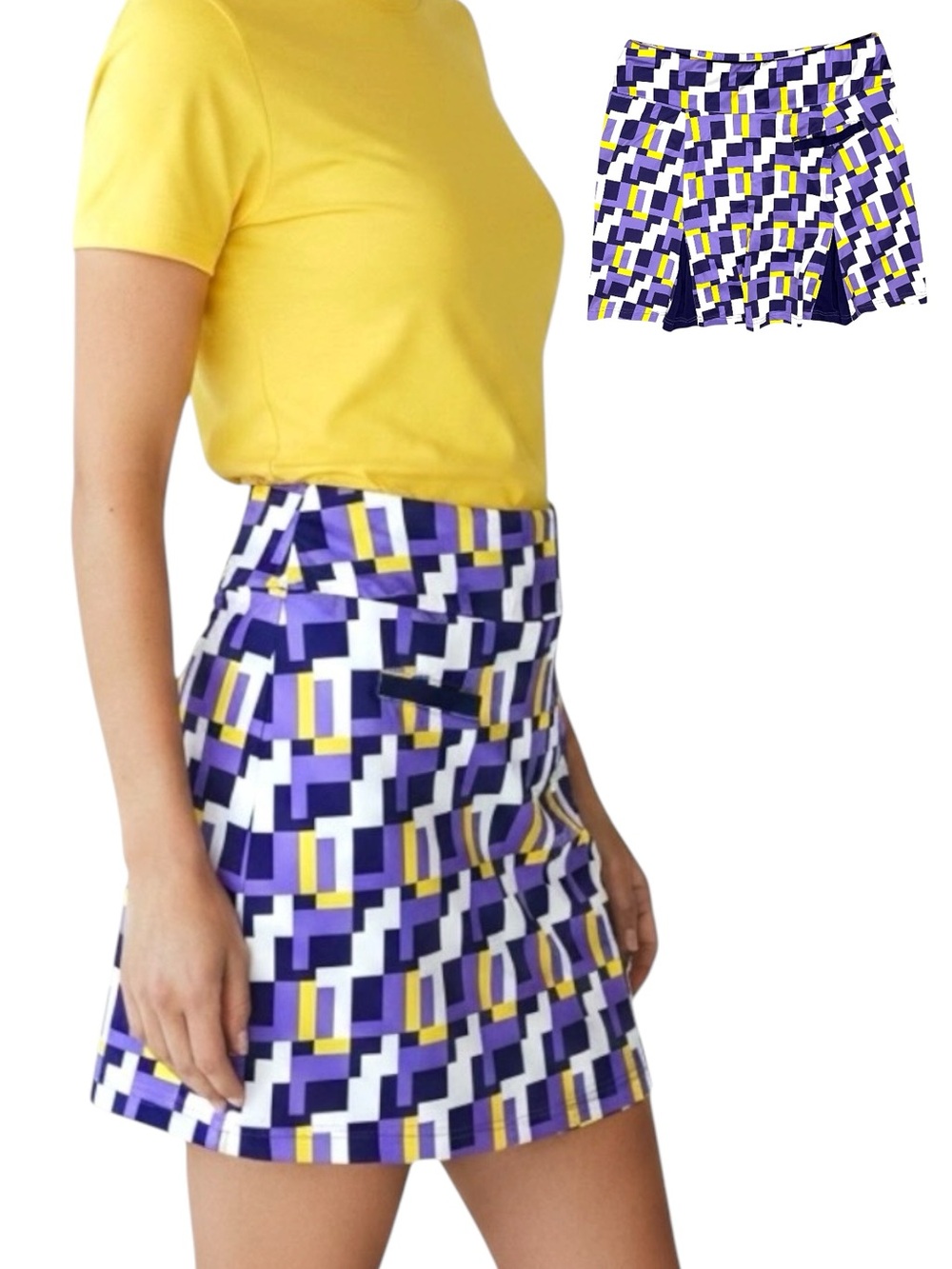 GG Blue Skirt Skort UPF 50+ Activewear Purple Yellow Geo Back/Pleated Pull On M